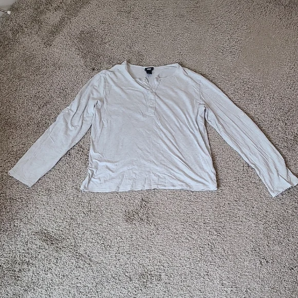 Light Gray Long Sleeve Henley Shirt Roll Up Sleeves - Picture 2 of 14